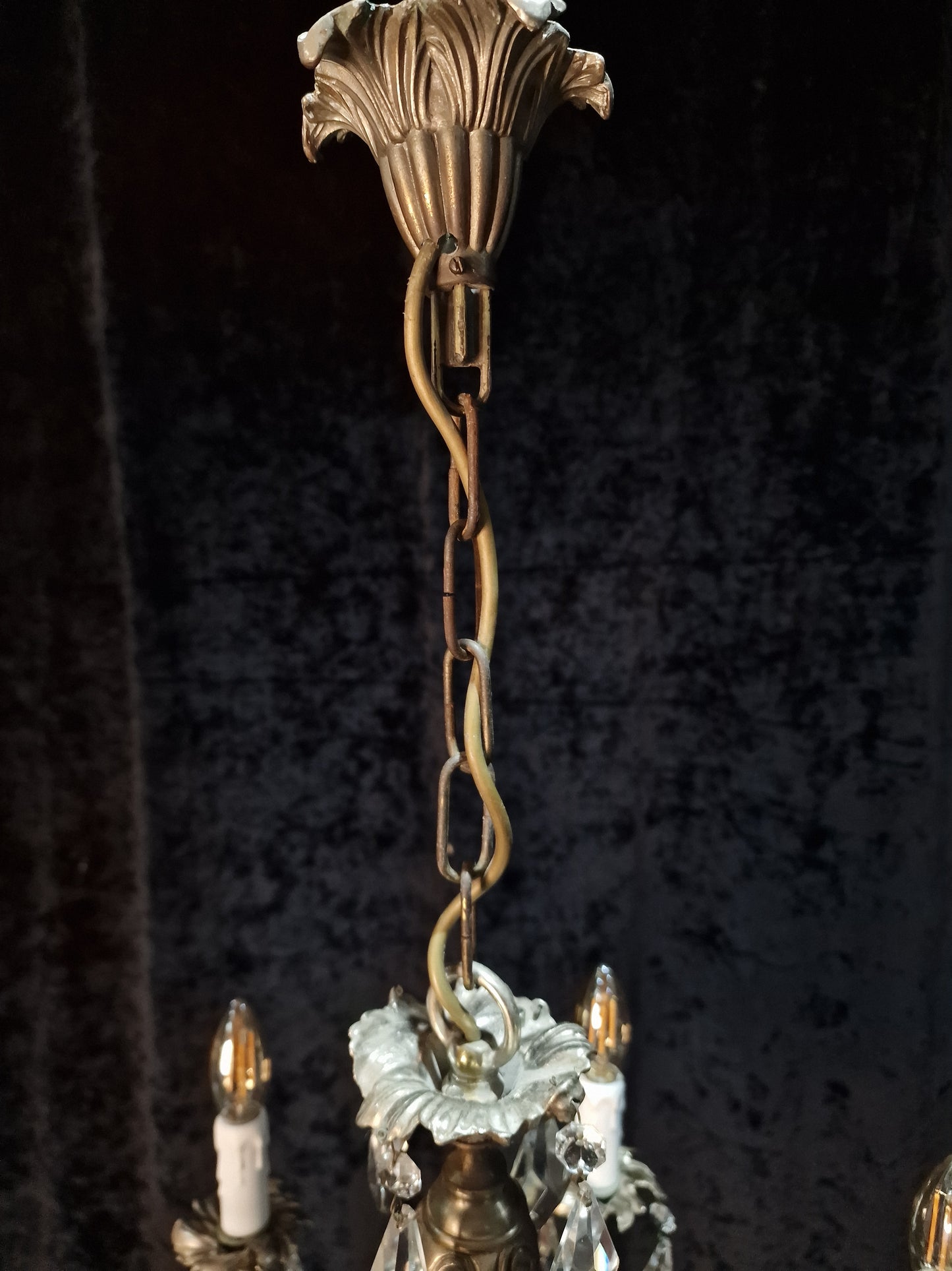Beautiful Heavy Antique French Bronze Nickel Plated Crystal 6 Arm Chandelier