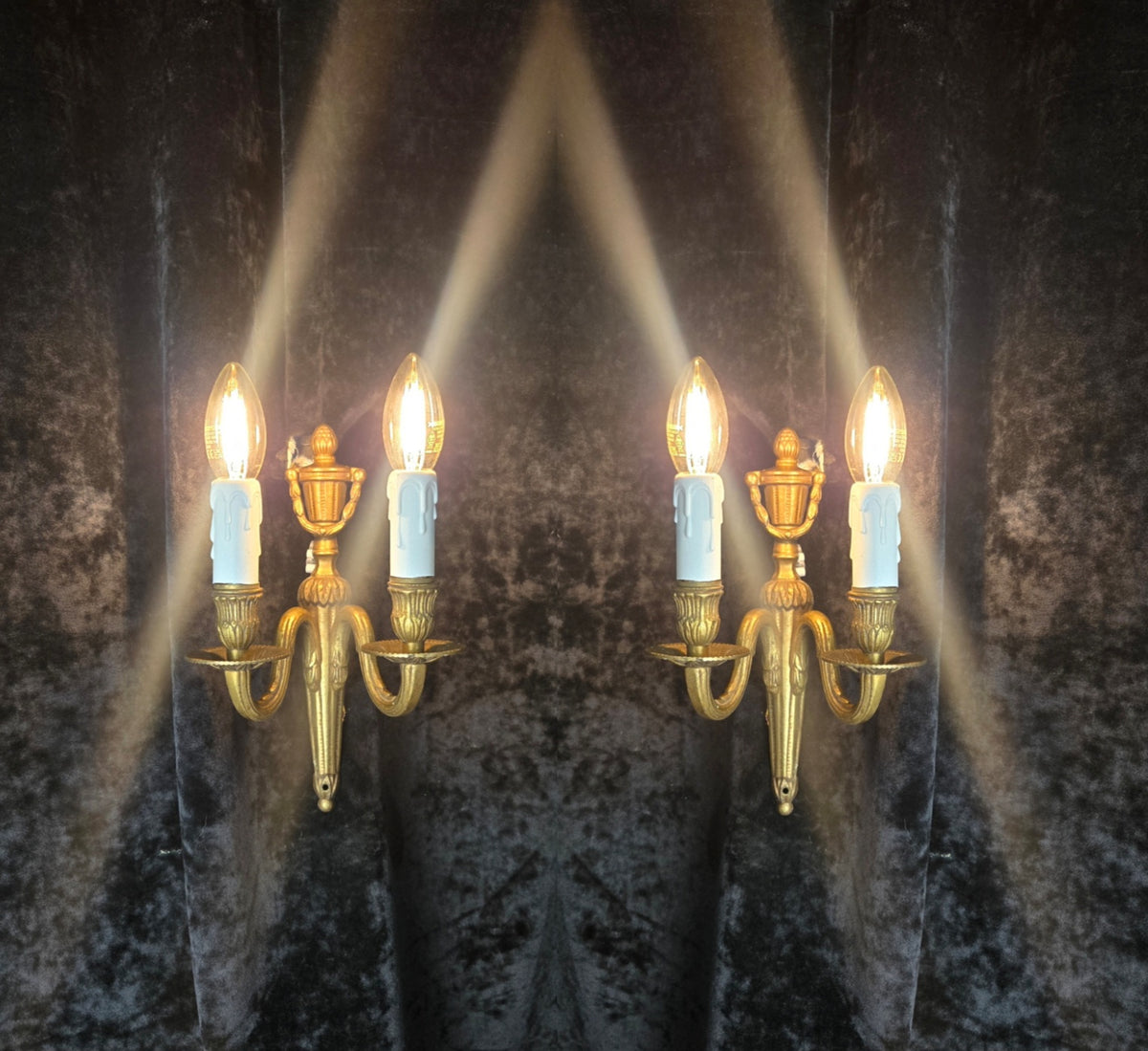 Traditional Pair Vintage French Empire Style 2 Arm Brass Electric Sconces Lights