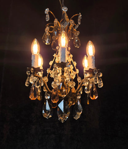 Beautiful Antique Italian 6 Arm Brass Crystal Cage Chandelier Ceiling Light