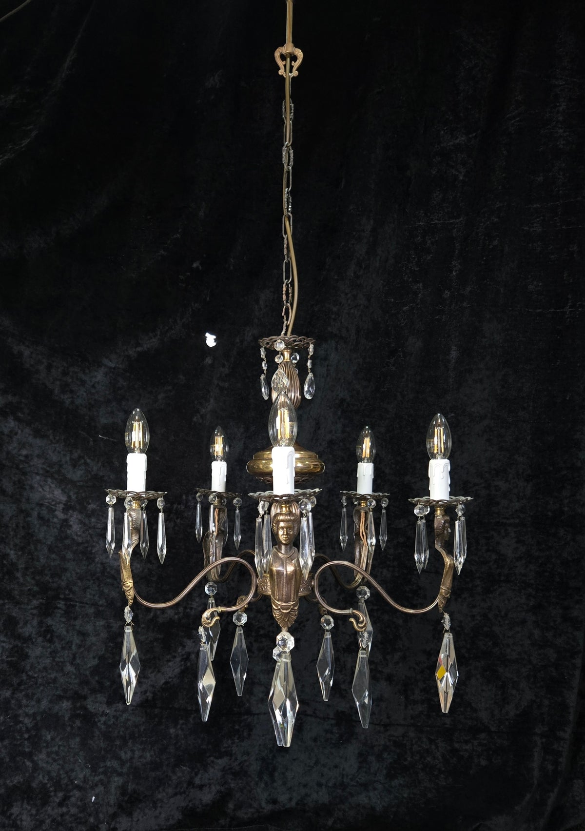 Classical Vintage Italian 5 Arm Crystal Brass Lady Figures Chandelier Light