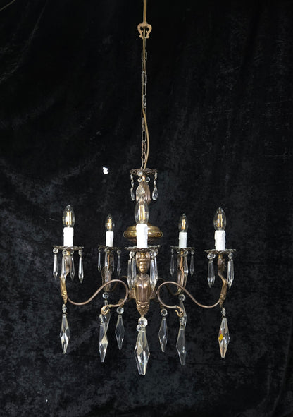 Classical Vintage Italian 5 Arm Crystal Brass Lady Figures Chandelier Light