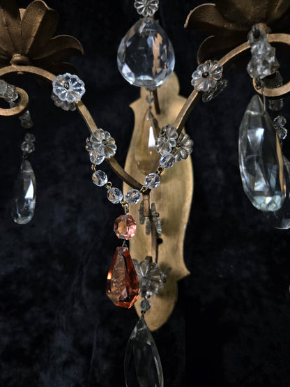 Fabulous Pair Vintage Italian 2 Arm Gilded Wrought Iron Crystal Candle Sconces