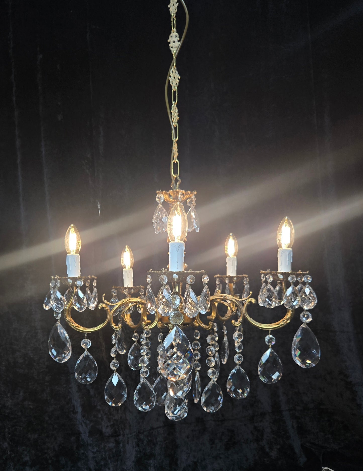 Fabulous Vintage French 5 Arm Brass Heavy Crystal Leaf Chandelier Ceiling Light