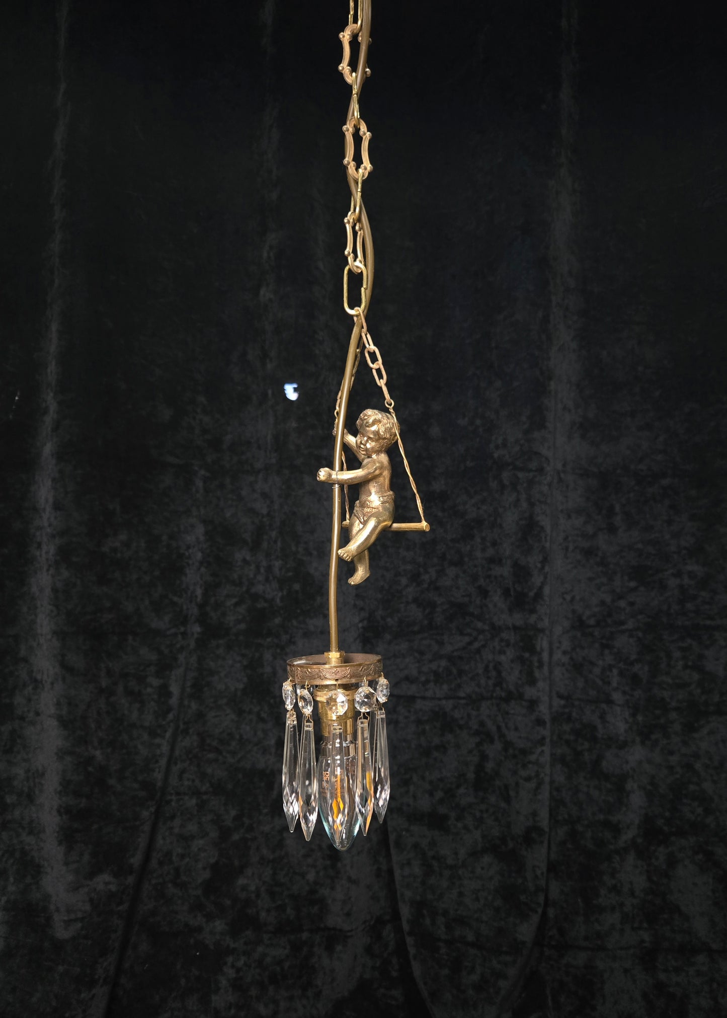 Beautiful Petite Vintage French Brass Cherub Crystal Chandelier Ceiling Light