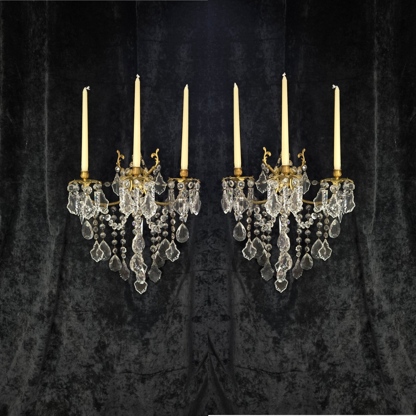 Superb Pair Large Vintage Italian Gilded Brass 3 Arm Candle Crystal Wall Lights