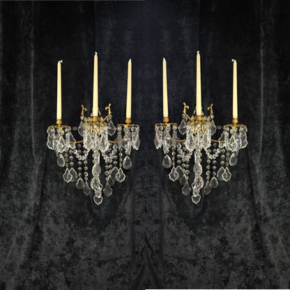 Superb Pair Large Vintage Italian Gilded Brass 3 Arm Candle Crystal Wall Lights