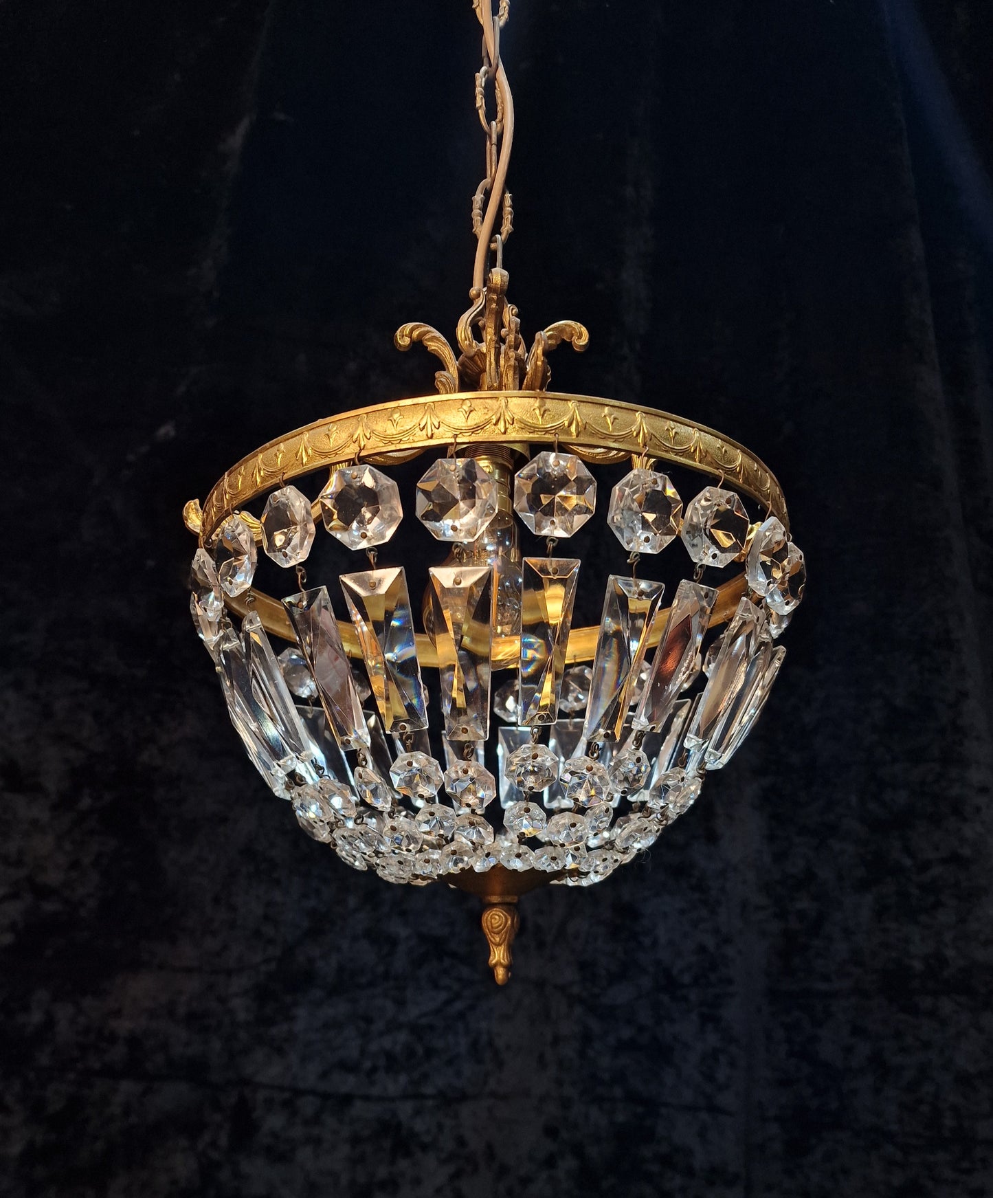 Lovely Vintage French 1 Light Brass Crystal Half Bag Montgolfiere Chandelier
