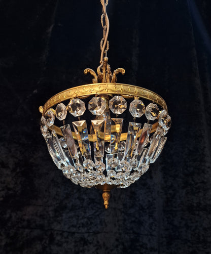 Lovely Vintage French 1 Light Brass Crystal Half Bag Montgolfiere Chandelier