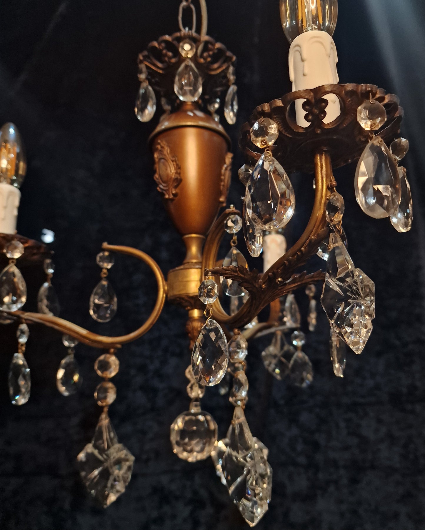 Lovely Vintage Italian 3 Arm Brass Crystal Leaf Chandelier Ceiling Light
