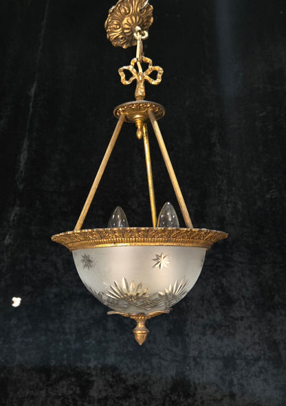 Lovely Vintage Brass Cut Glass Starburst 2 Light Spanish Lantern Chandelier
