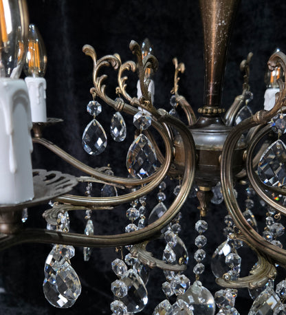 Gorgeous Vintage Italian 8 Arm Crystal Brass Leaf Chandelier Ceiling Light