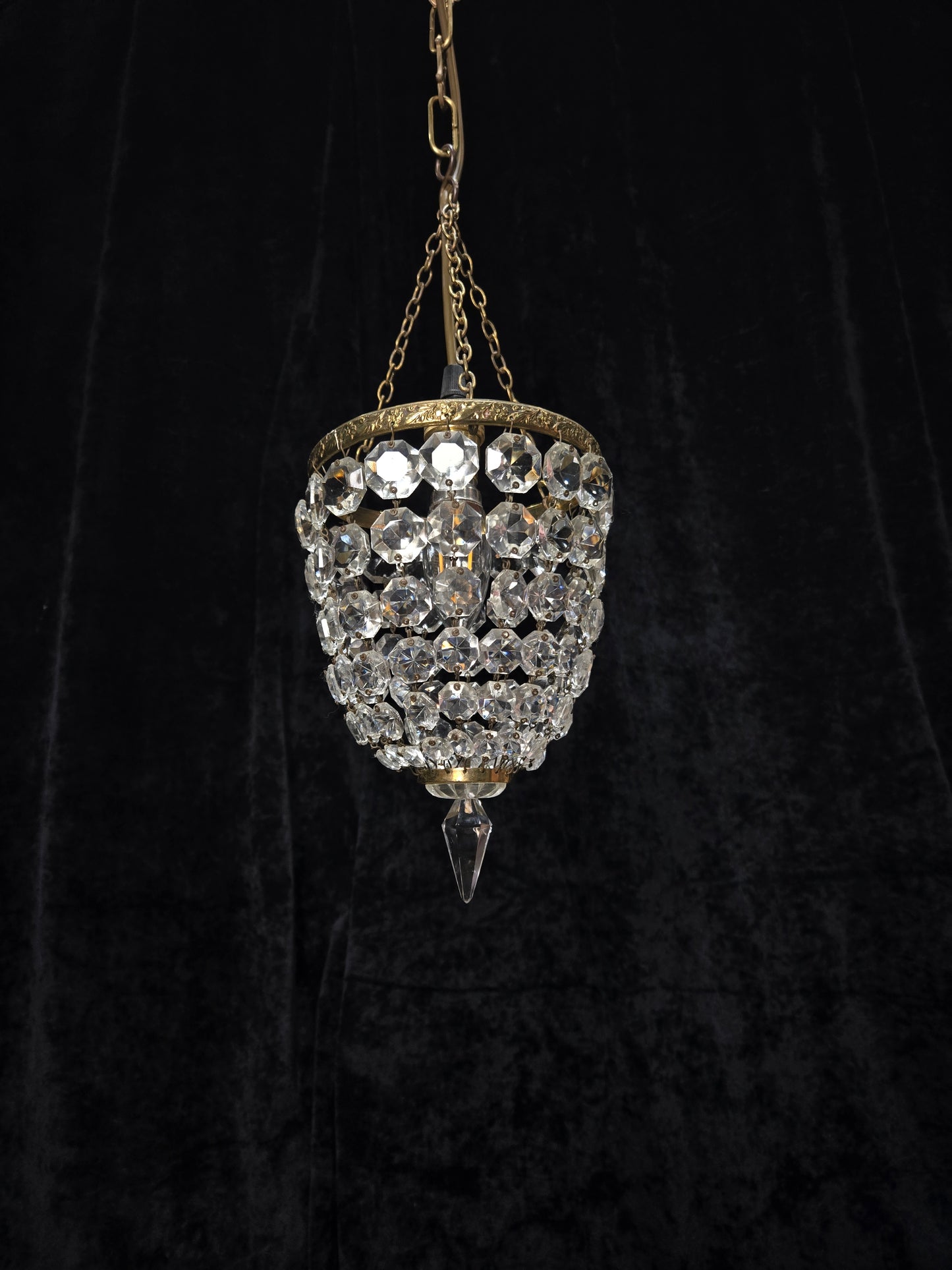 Petite Antique French Crystal Half Bag Brass 1 Light Chandelier Ceiling Light