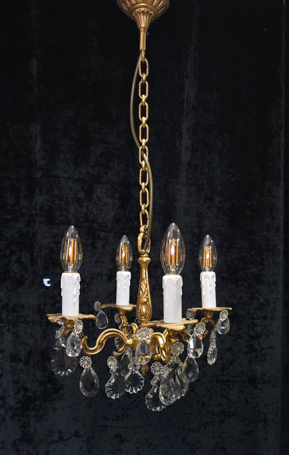 Beautiful Antique Petite French 4 Arm Bronze Brass Crystal Chandelier Light