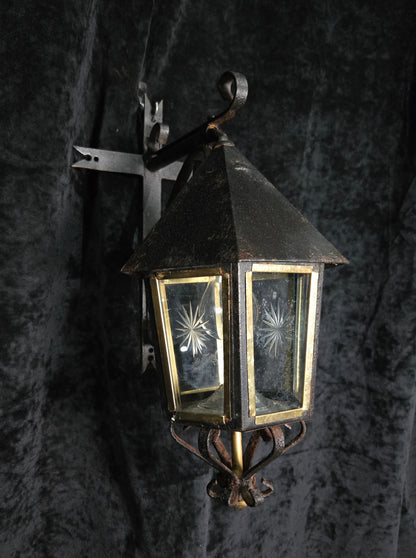Traditional Antique Wrought Iron Starburst Cut Glass Outdoor Wall Lantern Light
