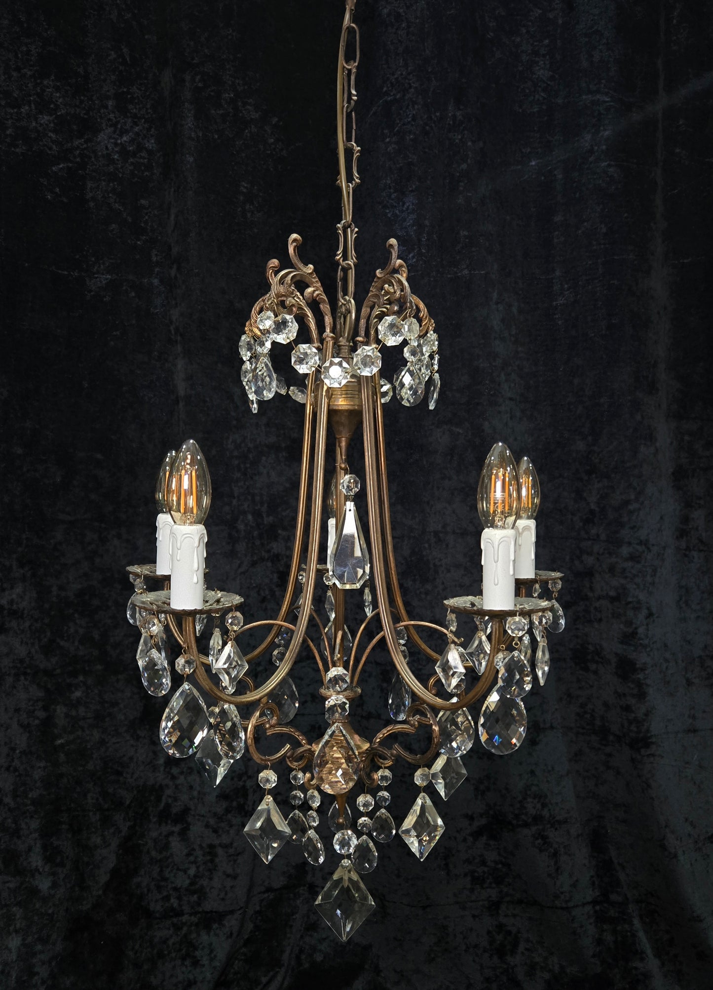 Beautiful Vintage Italian 5 Arm Brass Crystal Cage Chandelier Ceiling Light
