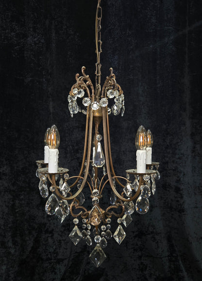 Beautiful Vintage Italian 5 Arm Brass Crystal Cage Chandelier Ceiling Light
