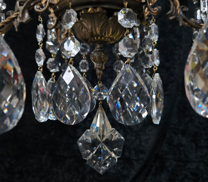 Fabulous Antique Italian 8 Arm 4 Candle Cage Brass Crystal Chandelier Light