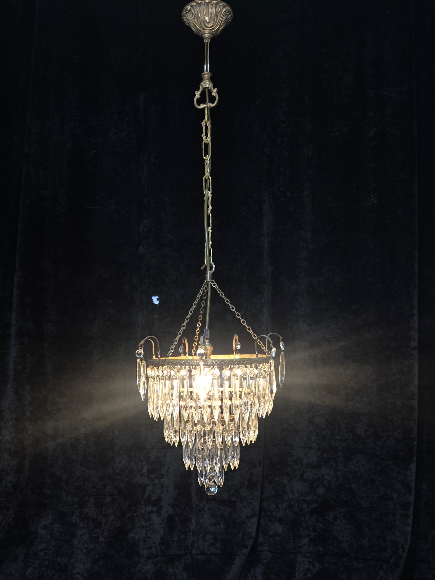 Fabulous Antique French Brass 4 Tier Waterfall Crystal Chandelier Ceiling Light