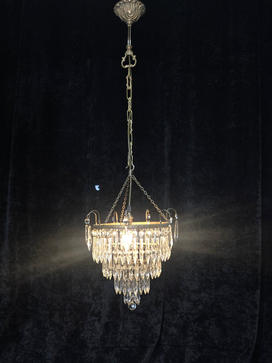 Fabulous Antique French Brass 4 Tier Waterfall Crystal Chandelier Ceiling Light