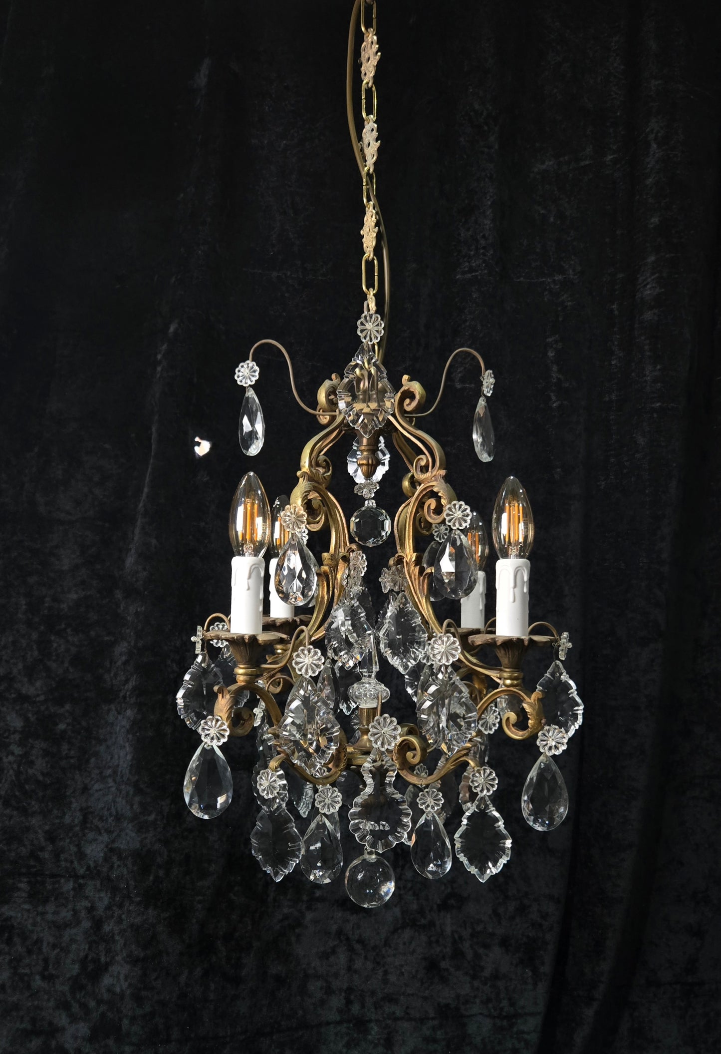 Gorgeous Heavy Antique French 4 Arm Caged Bronze Crystal Chandelier Light