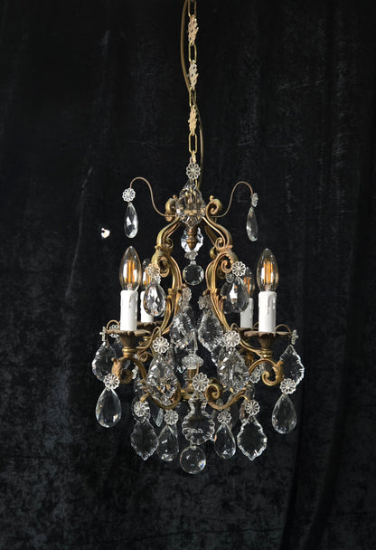 Gorgeous Heavy Antique French 4 Arm Caged Bronze Crystal Chandelier Light
