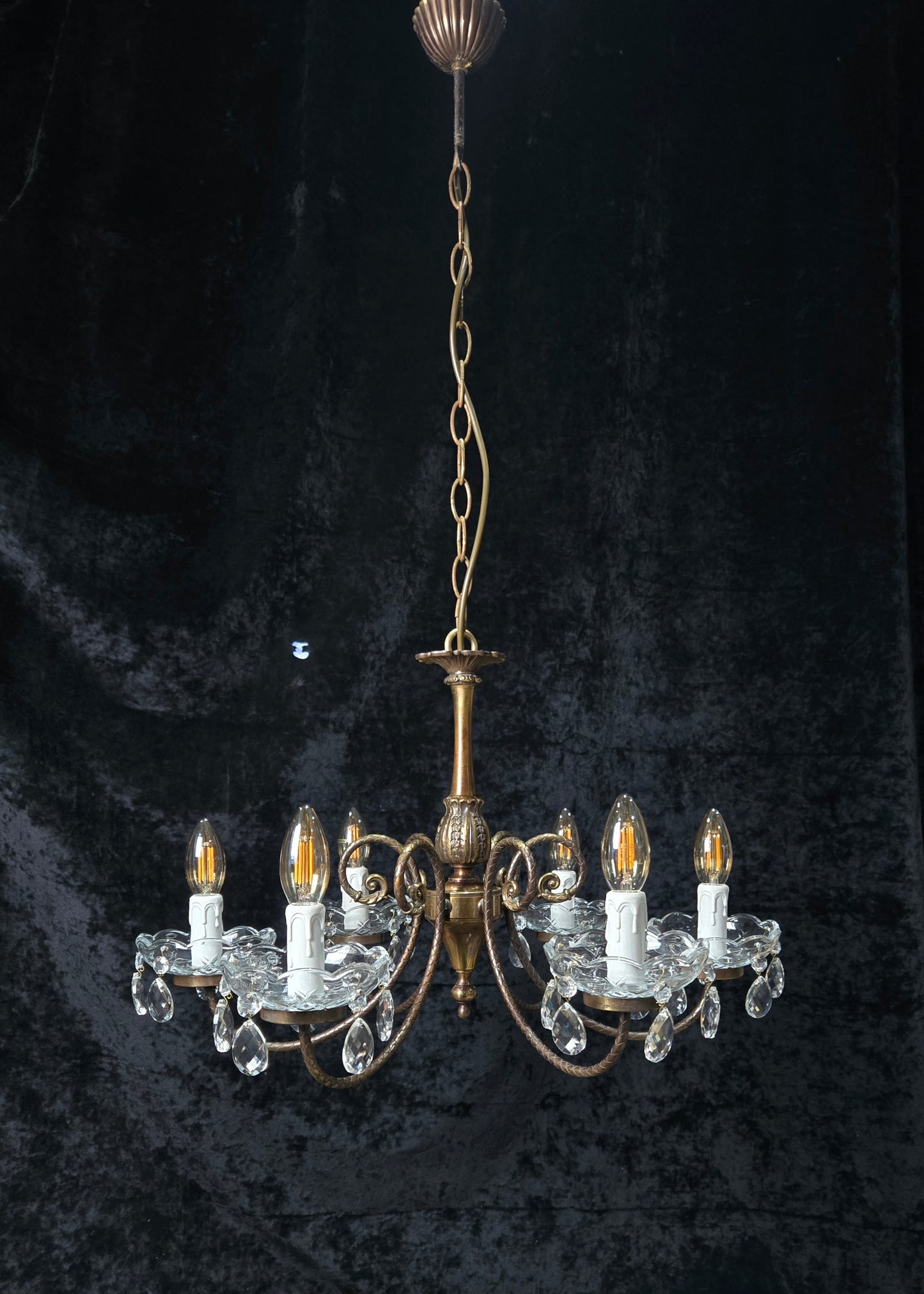 Classical Vintage Italian Brass 6 Arm Glass Crystal Chandelier Ceiling Light