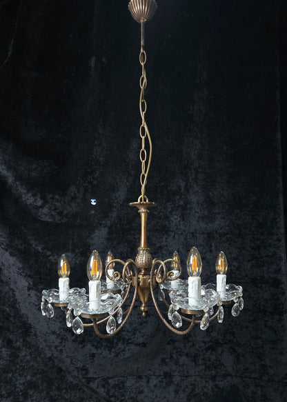 Classical Vintage Italian Brass 6 Arm Glass Crystal Chandelier Ceiling Light