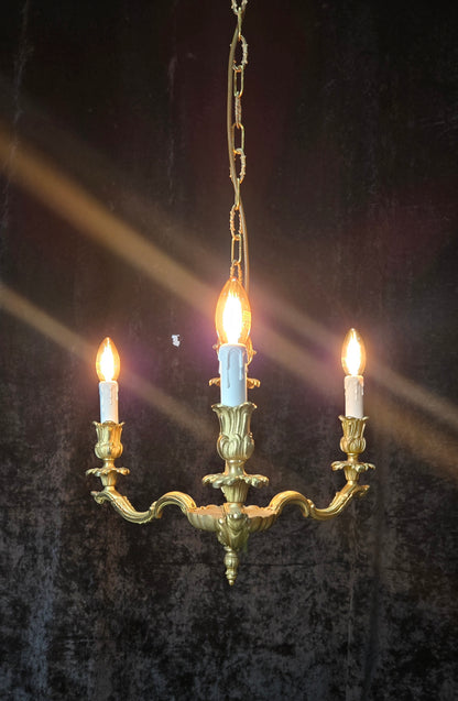 Traditional Antique French Solid Brass 3 Arm Rococo Style Chandelier Light