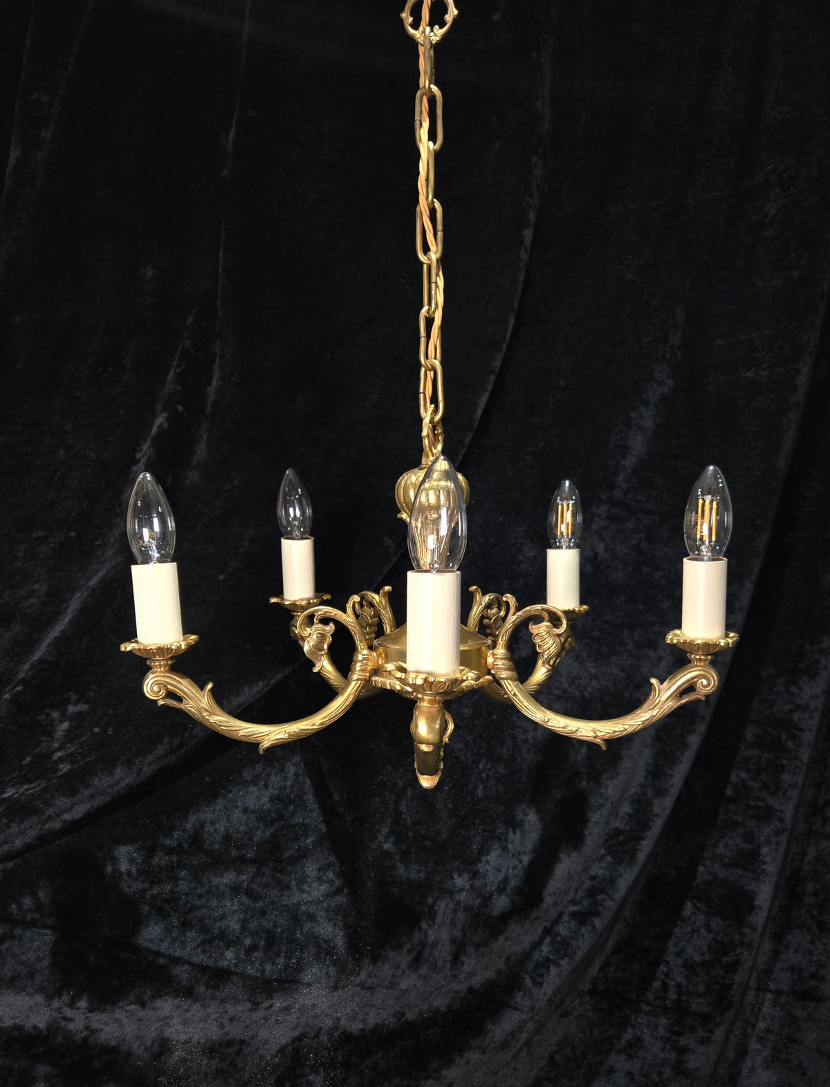 Traditional Vintage French 5 Arm Heavy Brass Flower Bud Chandelier ceiling Light