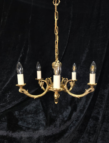 Traditional Vintage French 5 Arm Heavy Brass Flower Bud Chandelier ceiling Light
