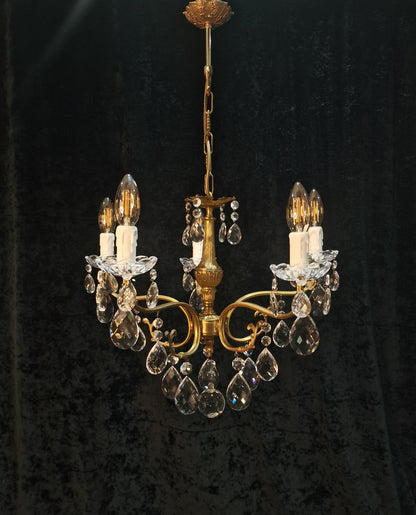 Lovely Vintage French 5 Arm Brass and Crystal Leaf Chandelier Ceiling Light