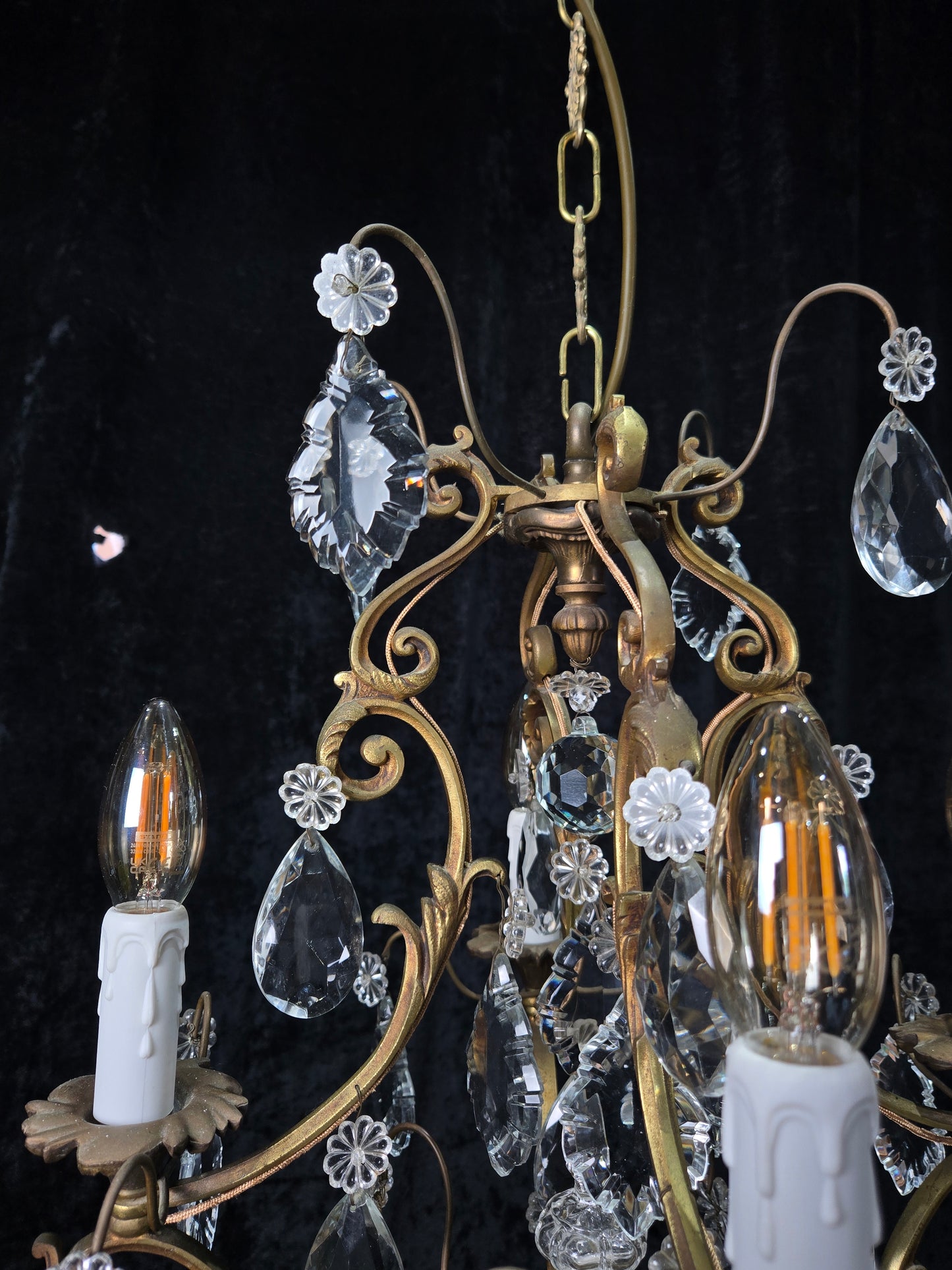 Gorgeous Heavy Antique French 4 Arm Caged Bronze Crystal Chandelier Light