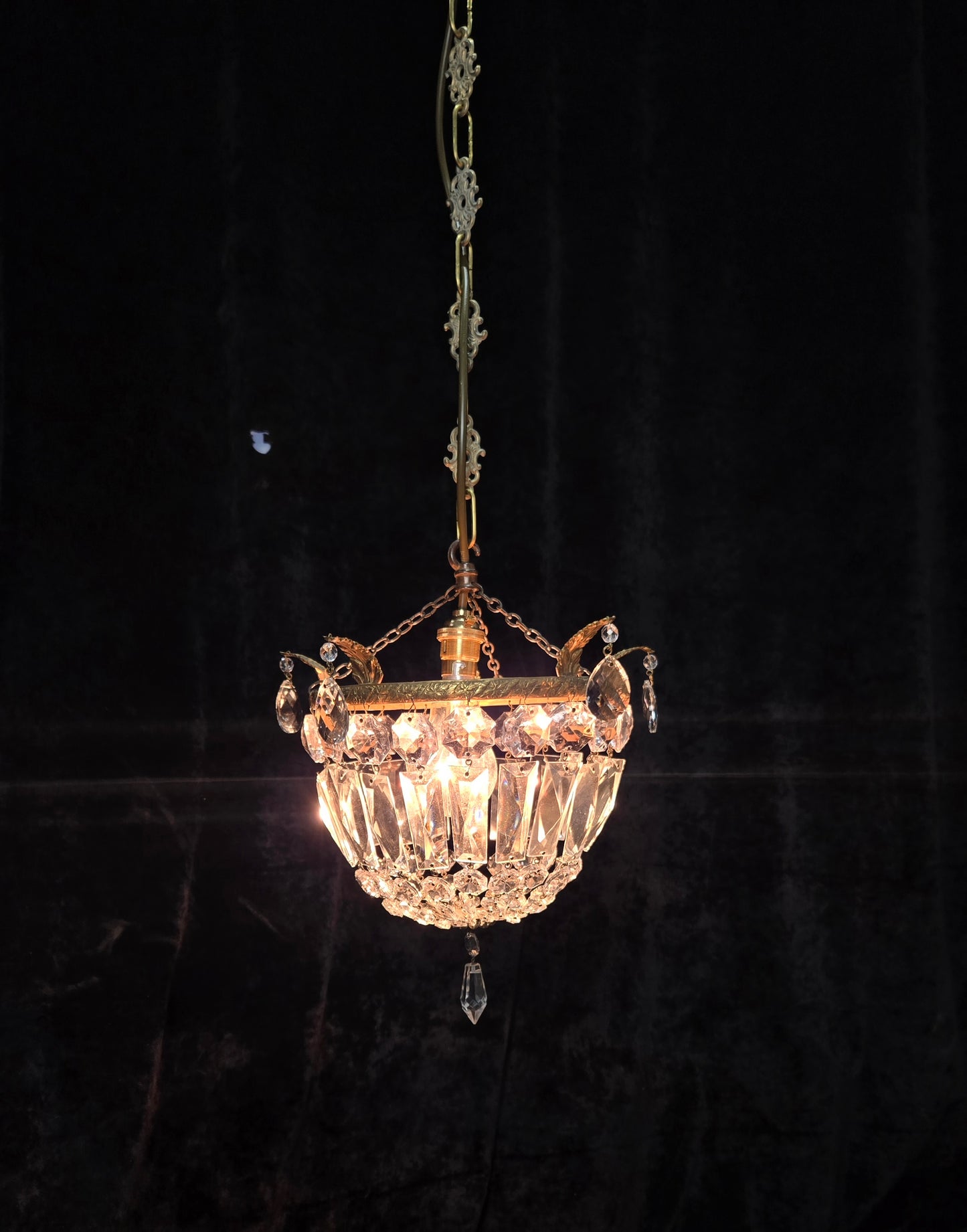 Beautiful Antique French Crystal Half Bag Brass Leaf Chandelier Ceiling Light