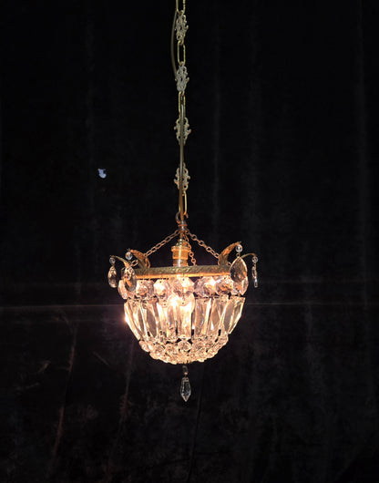 Beautiful Antique French Crystal Half Bag Brass Leaf Chandelier Ceiling Light