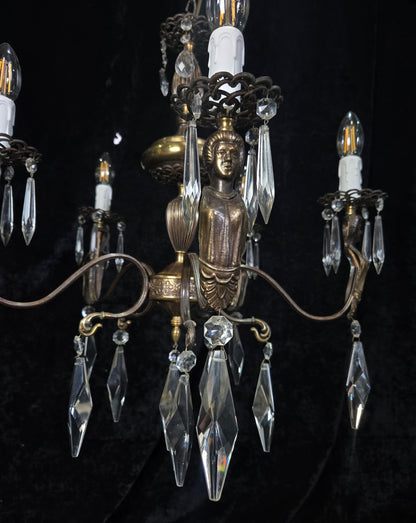 Classical Vintage Italian 5 Arm Crystal Brass Lady Figures Chandelier Light