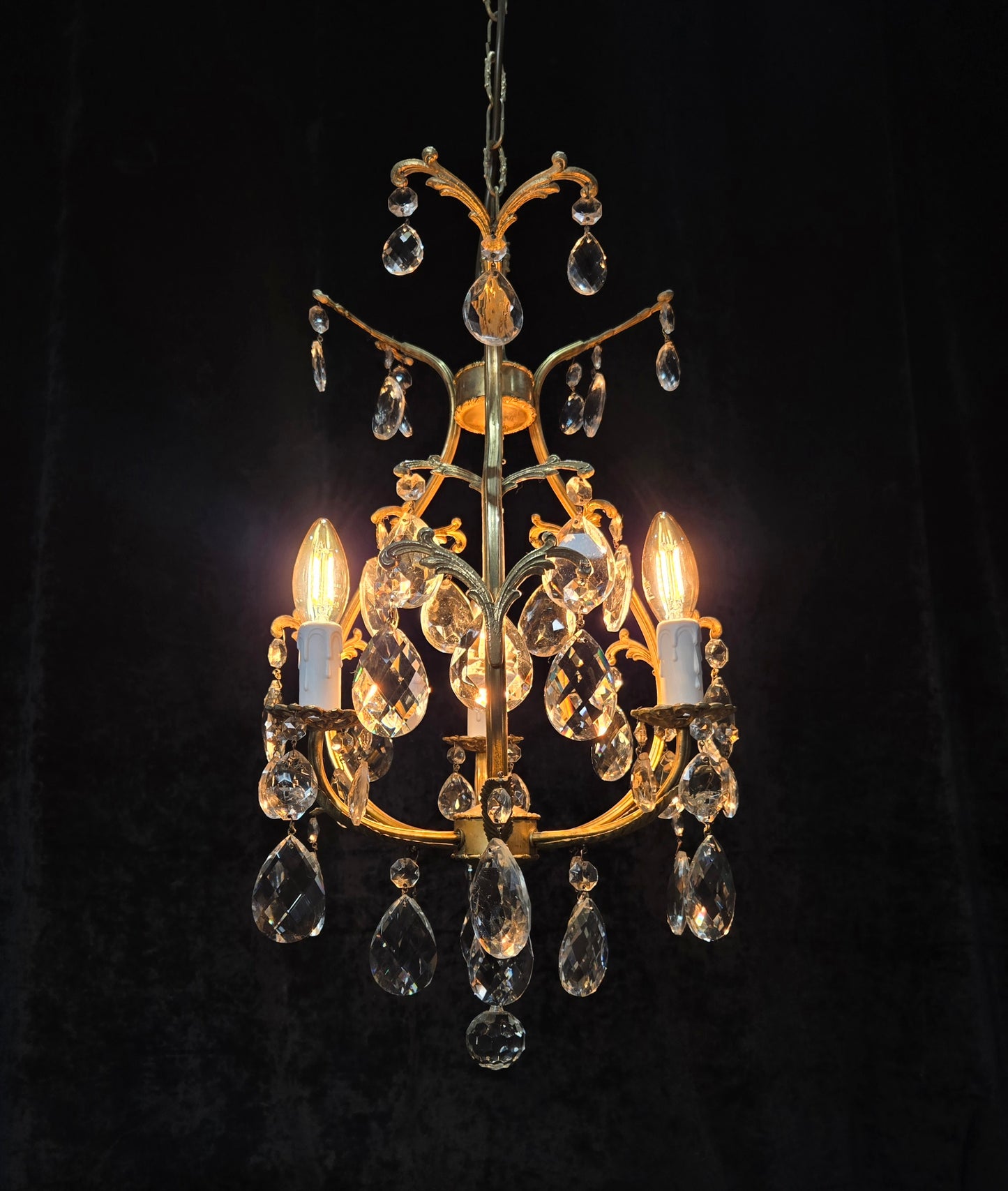 Beautiful Vintage Italian 3 Arm Brass Crystal Cage Chandelier Ceiling Light