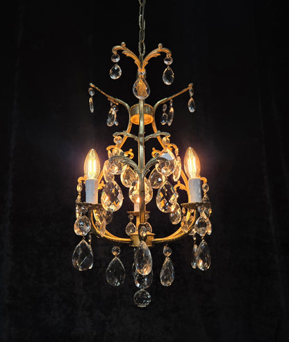 Beautiful Vintage Italian 3 Arm Brass Crystal Cage Chandelier Ceiling Light