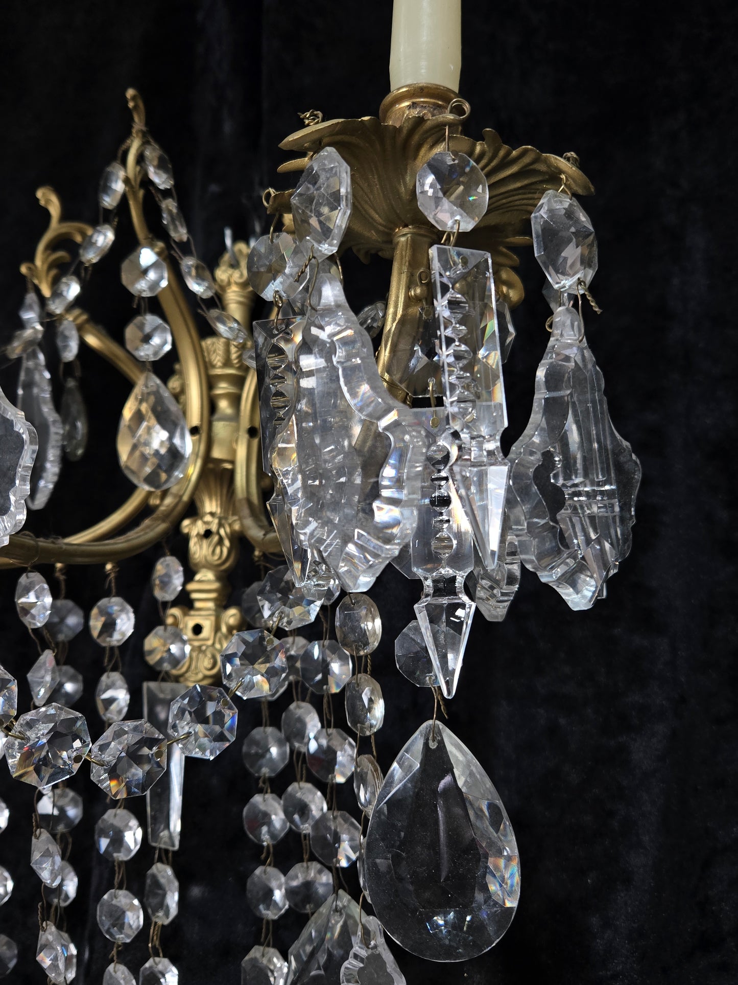 Superb Pair Large Vintage Italian Gilded Brass 3 Arm Candle Crystal Wall Lights