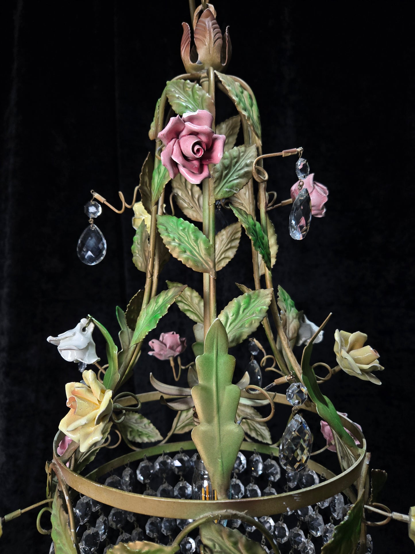 Beautiful Vintage Florentine Italian 1 Light Crystal Roses Toleware Chandelier