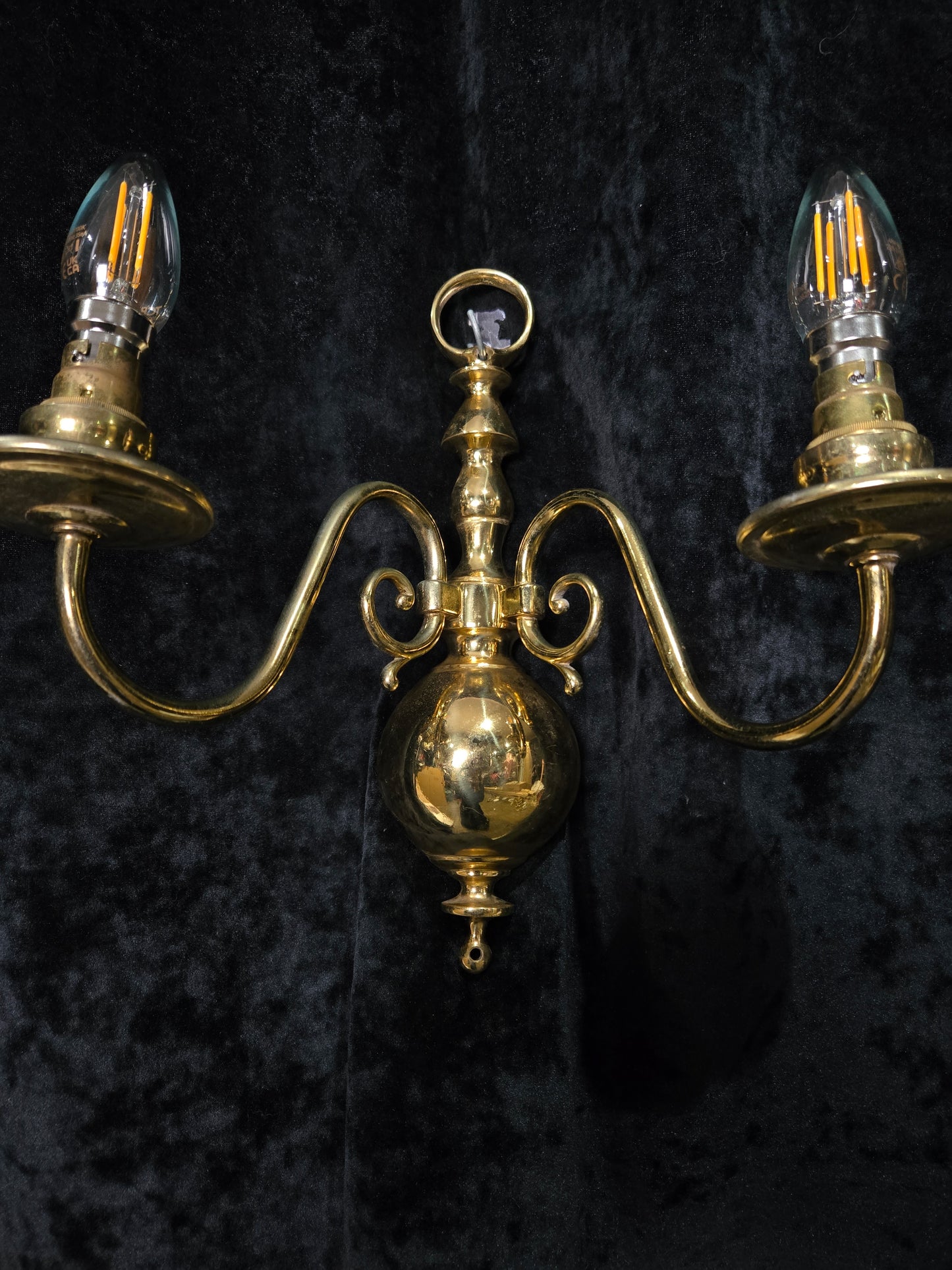 Elegant Pair Vintage Polished Brass 2 Arm Flemish Wall Lights Sconces