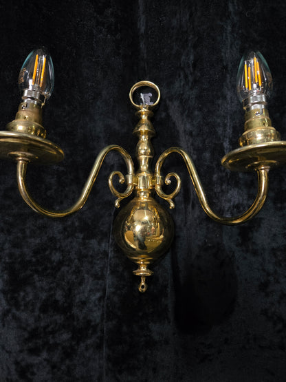Elegant Pair Vintage Polished Brass 2 Arm Flemish Wall Lights Sconces