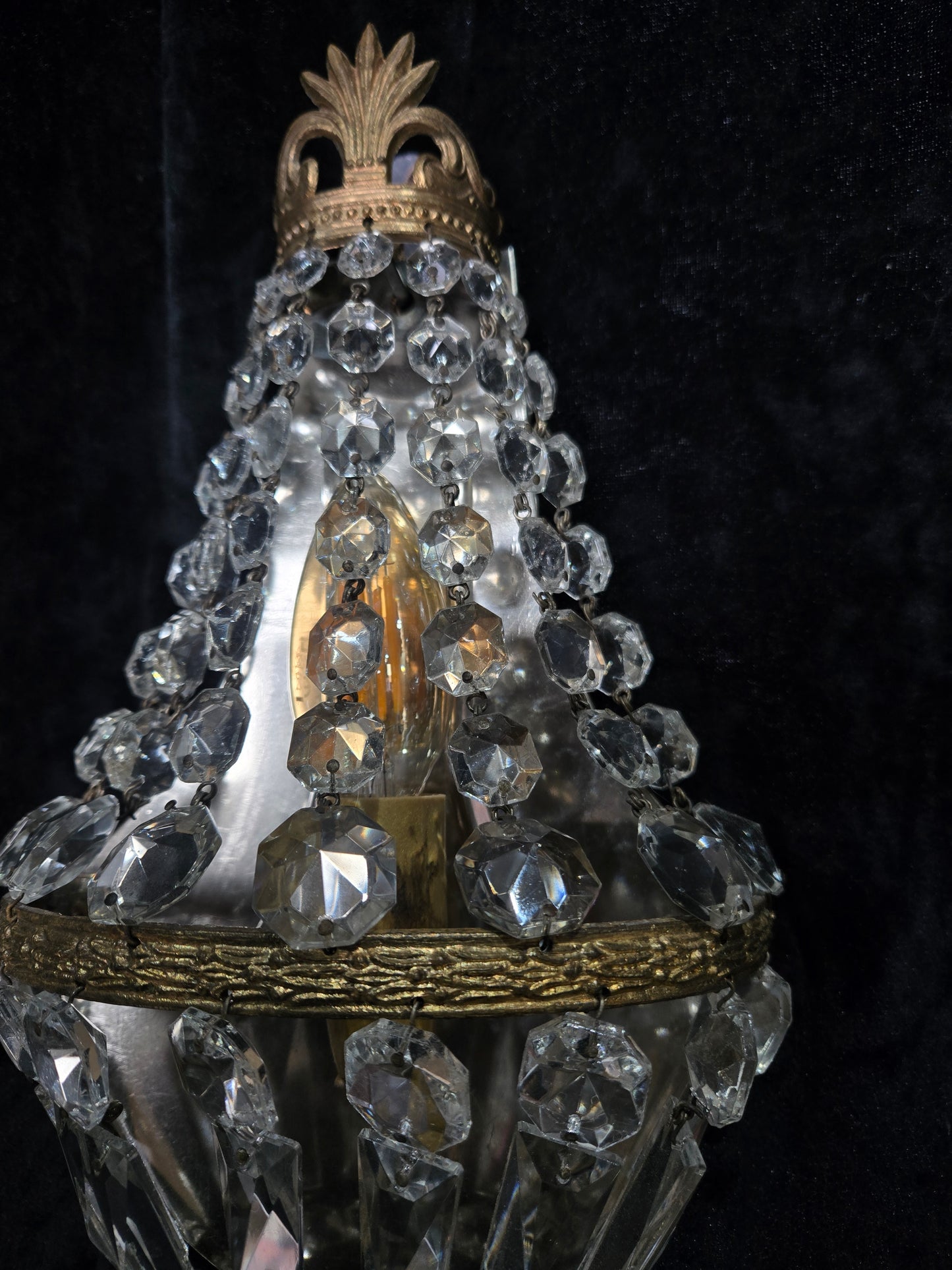 Stunning Pair Vintage French Brass Crystal Montgolfiere Sconces Wall Lights