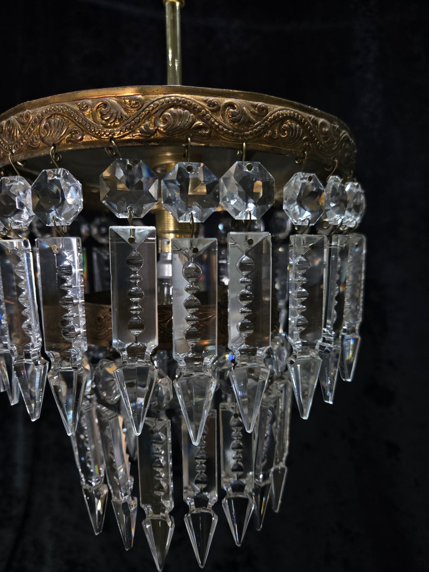 Beautiful Vintage French 2 Tier Waterfall Crystal Brass 1 Light Flush Chandelier