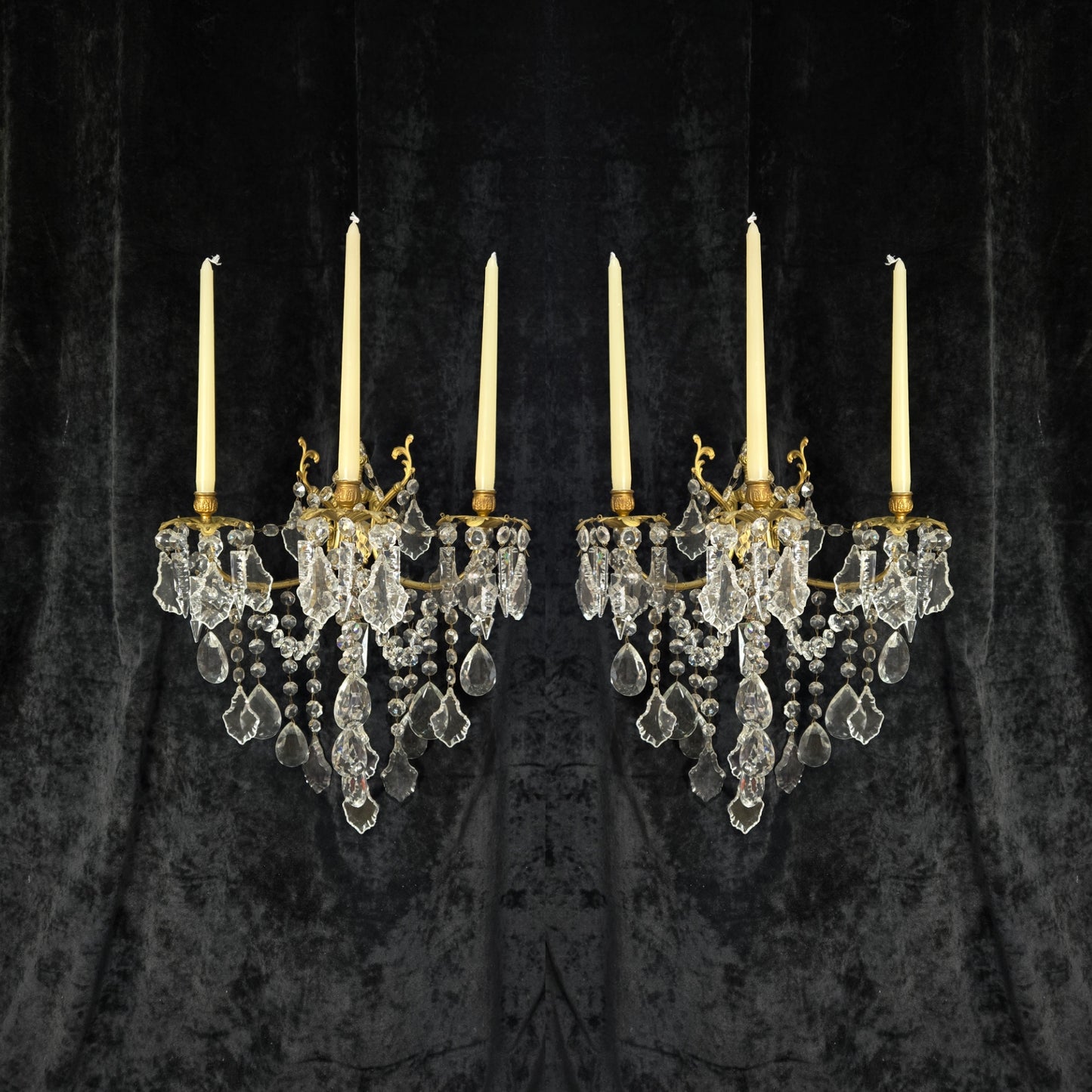Superb Pair Large Vintage Italian Gilded Brass 3 Arm Candle Crystal Wall Lights