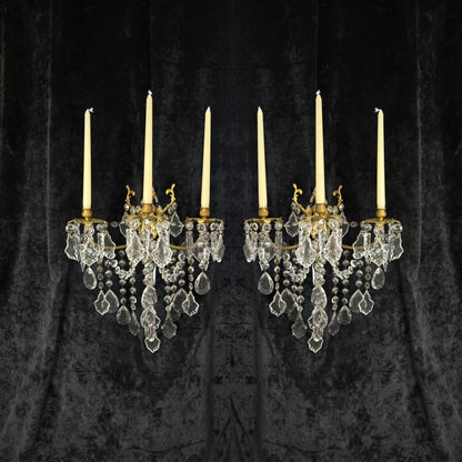 Superb Pair Large Vintage Italian Gilded Brass 3 Arm Candle Crystal Wall Lights
