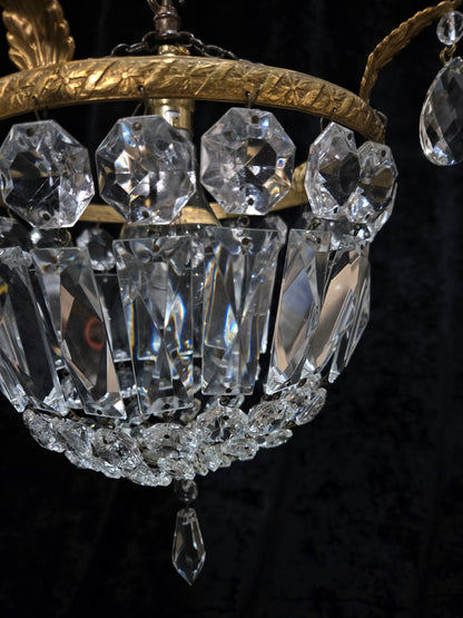 Beautiful Antique French Crystal Half Bag Brass Leaf Chandelier Ceiling Light