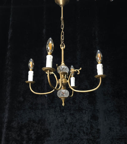 Classical Vintage French 4 Arm Lacquered Brass Crystal Chandelier Ceiling Light