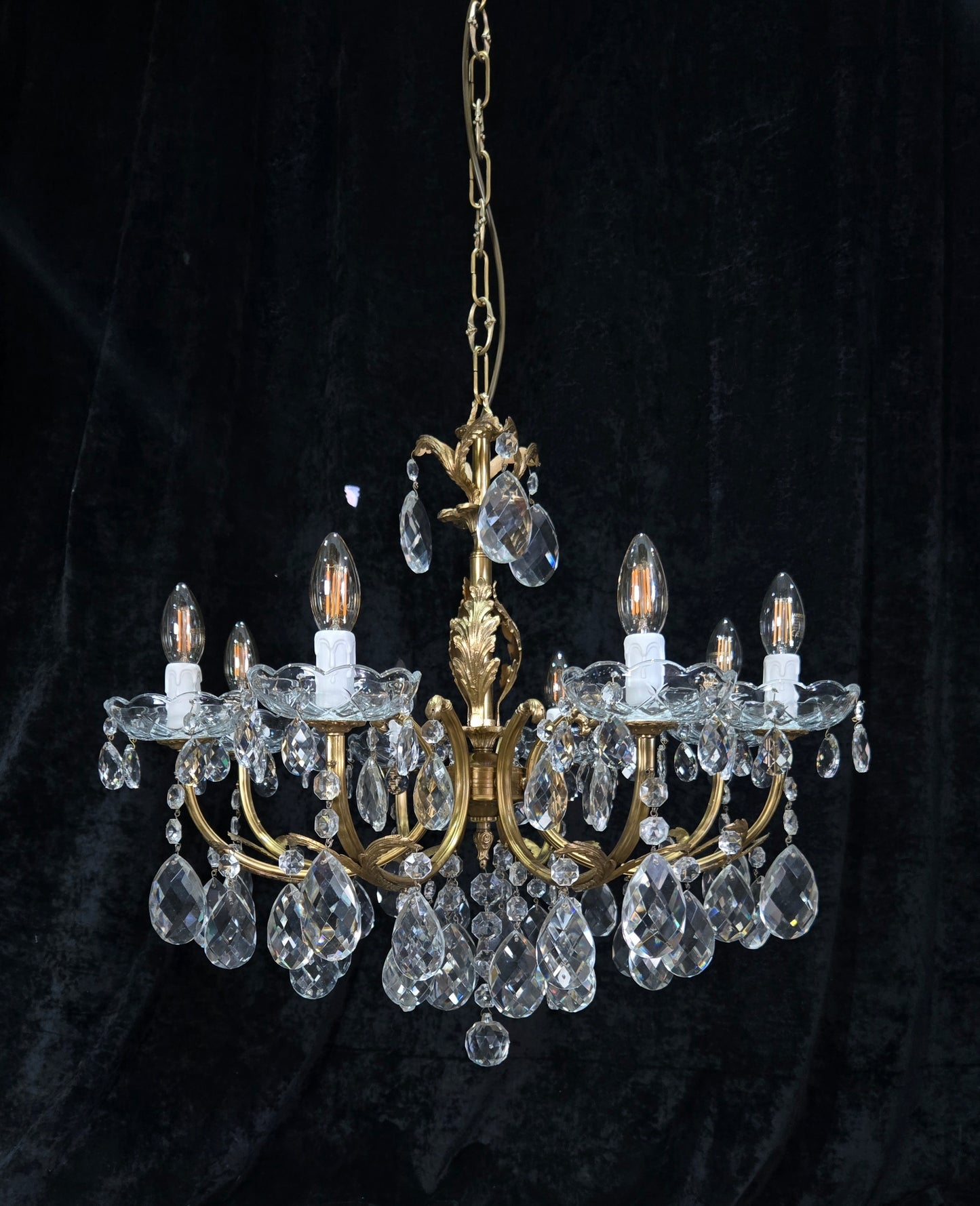 Beautiful Vintage Italian 8 Arm Brass Crystal Leaf Chandelier Ceiling Light
