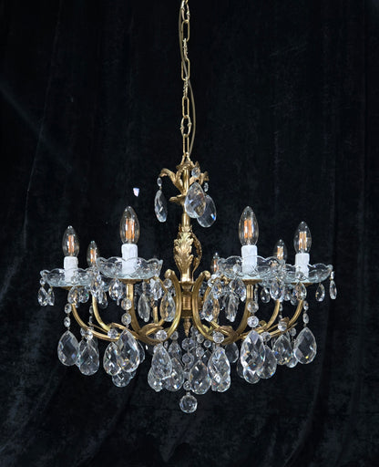Beautiful Vintage Italian 8 Arm Brass Crystal Leaf Chandelier Ceiling Light