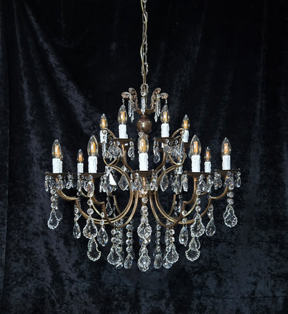 Fabulous Large Vintage Italian 12 Arm 18 Light Brass Crystal Leaf Chandelier